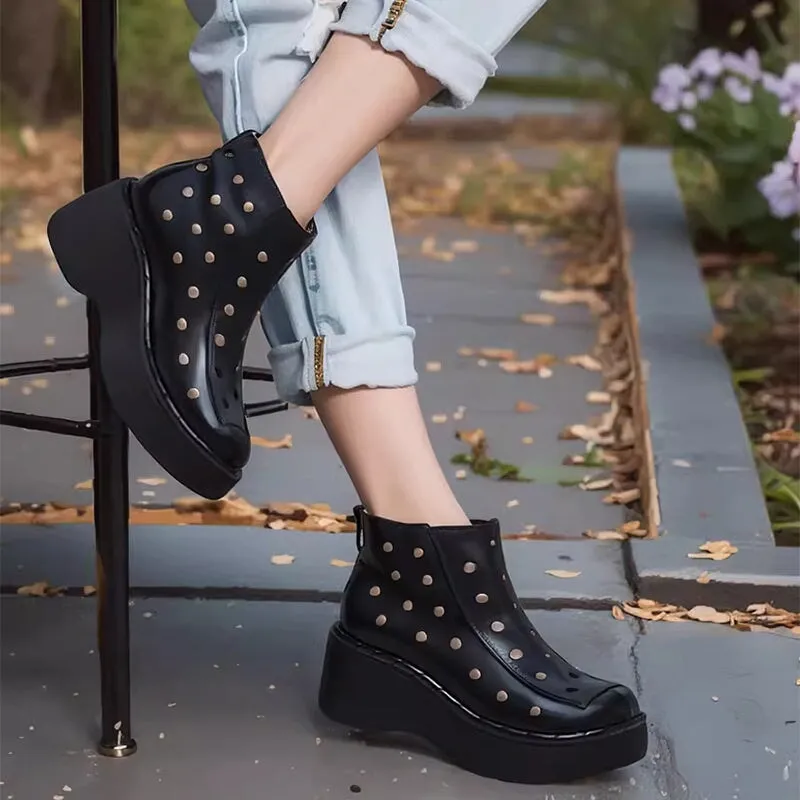 Cut Out Summer Boots Breathable Leather Short Boots in Black/White