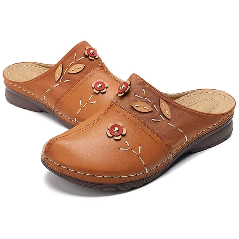 Purpdrank - Women Flat Floral Sandals PU Leather Material Comfortable Slippers for Valentine's Day Christmas Gift