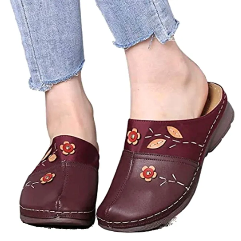 Purpdrank - Women Flat Floral Sandals PU Leather Material Comfortable Slippers for Valentine's Day Christmas Gift