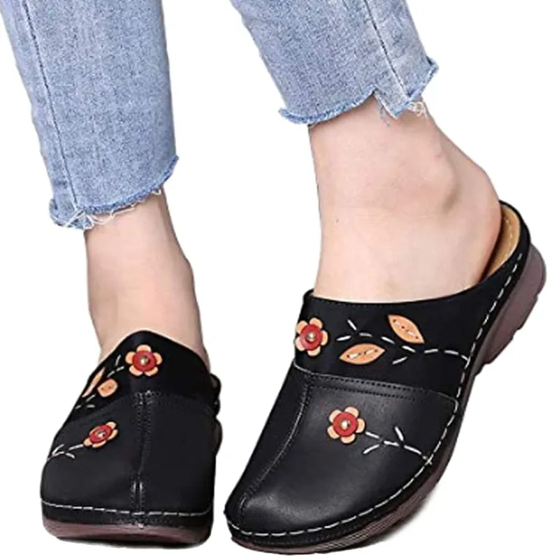 Purpdrank - Women Flat Floral Sandals PU Leather Material Comfortable Slippers for Valentine's Day Christmas Gift
